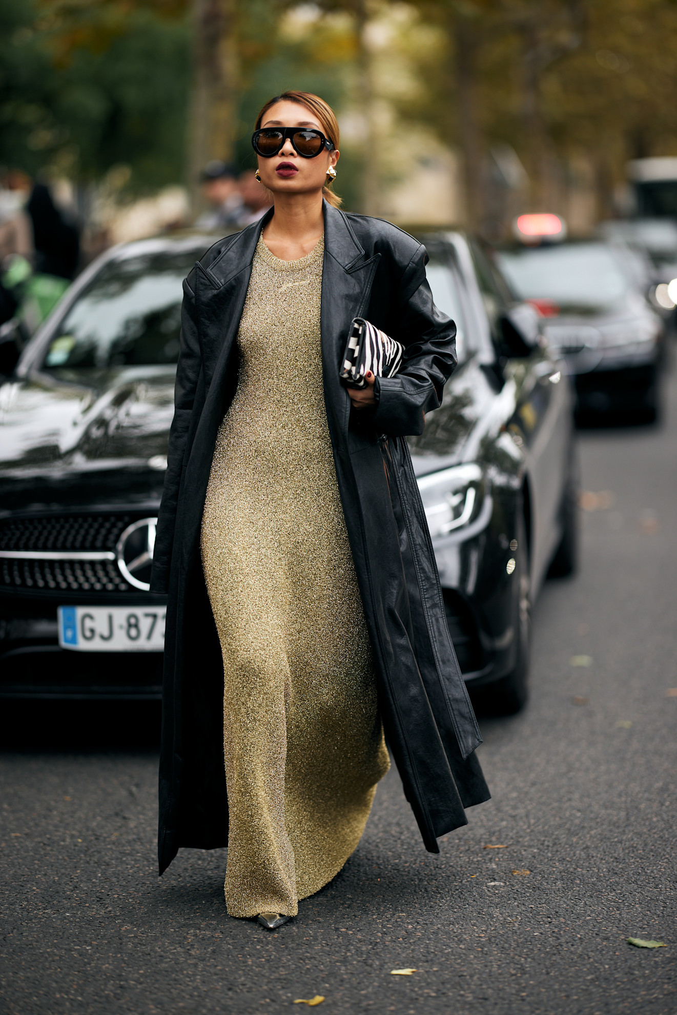 Going Out Metallic Knit Maxi Dress with Leather Trench Coat — Winter Going Out Outfits