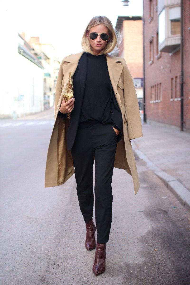 Draped Camel Coat Over Black Crewneck And Trousers — Camel Coat Outfits