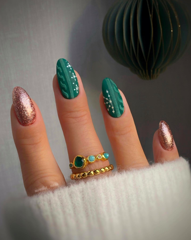 Medium Oval Matte Green with Snowflakes and Rose Gold Glitter — Green Christmas Nails 2026