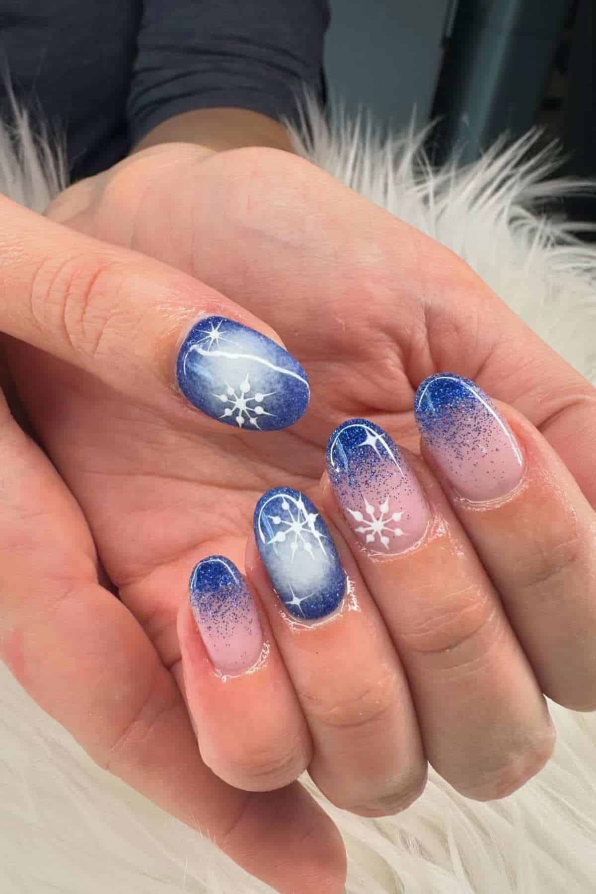Medium Oval Nude Silver Glitter Snowflake — Winter Nail Designs