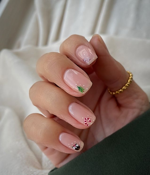 Sheer Pink Festive Accents — Short Christmas Nails 2026