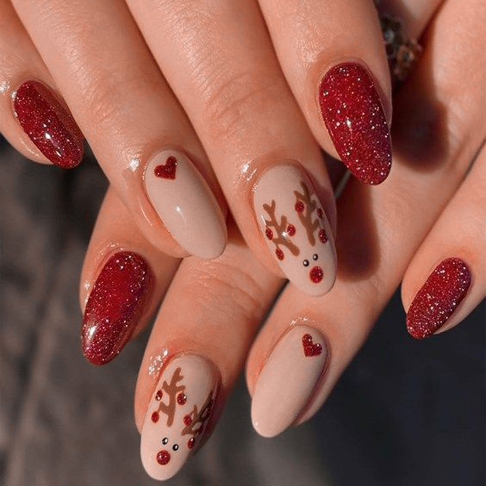 Nude Reindeer Face and Red Glitter Coffin Nails Nude Reindeer Face and Red Glitter Coffin Nails β Short Christmas Coffin Nails 2026