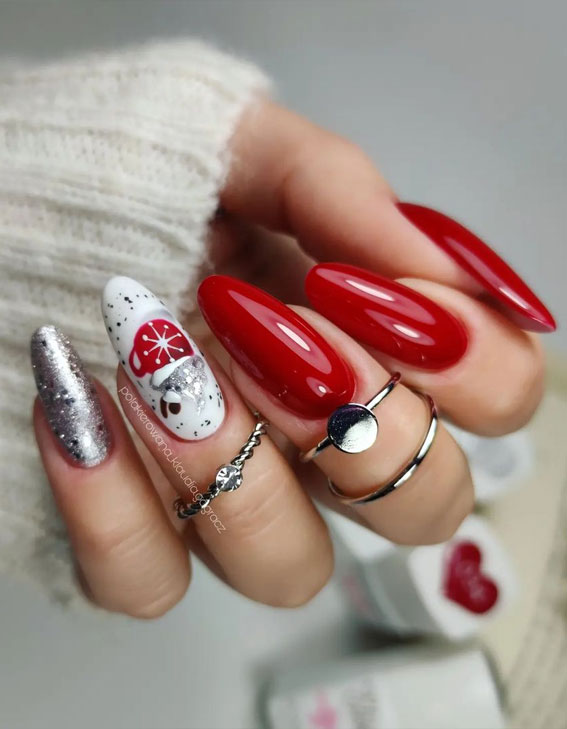 Vibrant Red Oval with Festive Gnome Art Vibrant Red Oval with Festive Gnome Art β Christmas Gel X Nails 2026