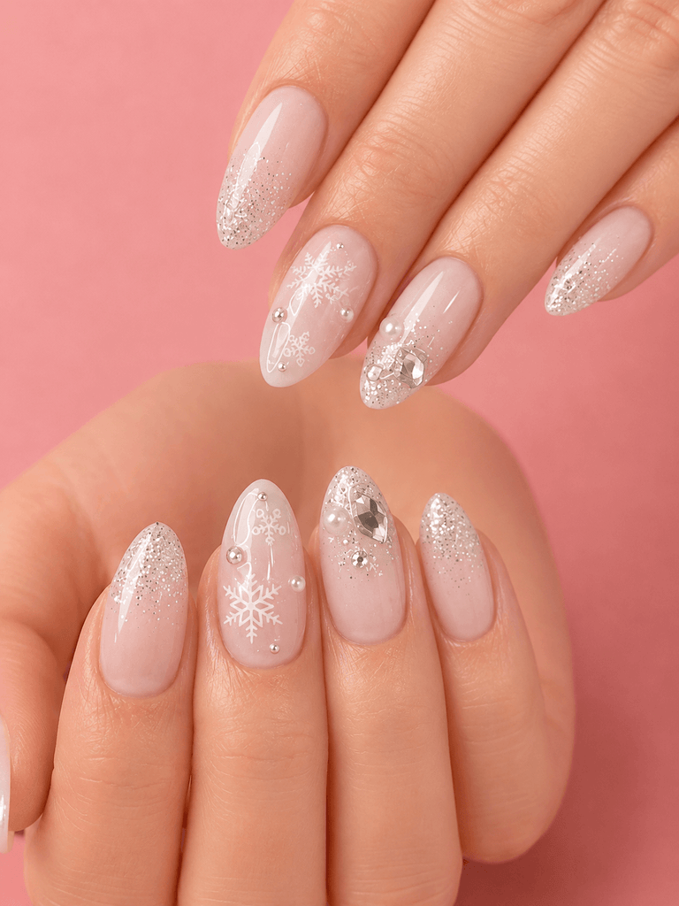 Silver Glitter Snowflake Pearl Almond Nails — Christmas Nails for Kids 2026