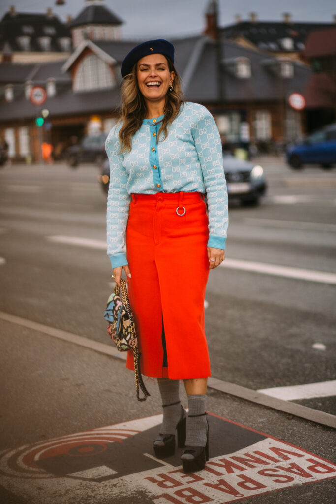 Logo-Print Cardigan with Orange Midi Skirt and Platform Heels — Cardigan Outfits