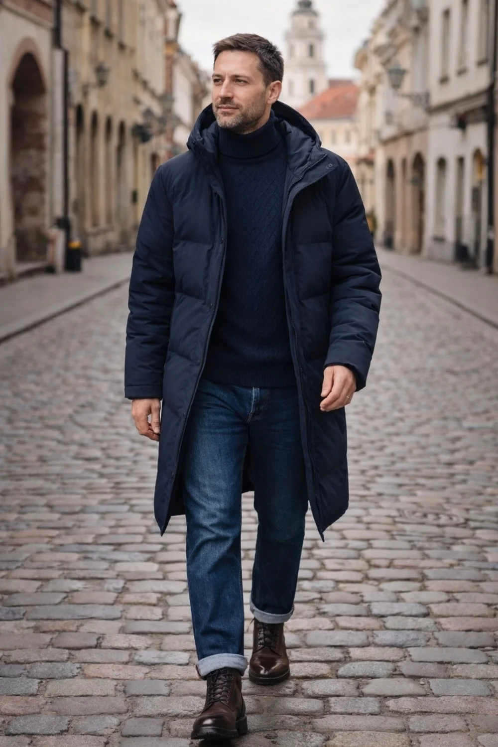 Blue Straight-Leg Jeans with Navy Parka and Rollneck Sweater Blue Straight-Leg Jeans with Navy Parka and Rollneck Sweater β Winter Outfits with Jeans