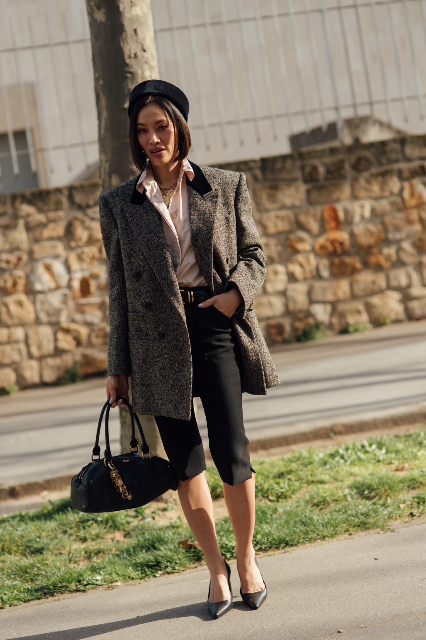 Grey Tweed Blazer with Pink Silk Shirt and Cropped Trousers Grey Tweed Blazer with Pink Silk Shirt and Cropped Trousers β Winter to Spring Transition Outfits
