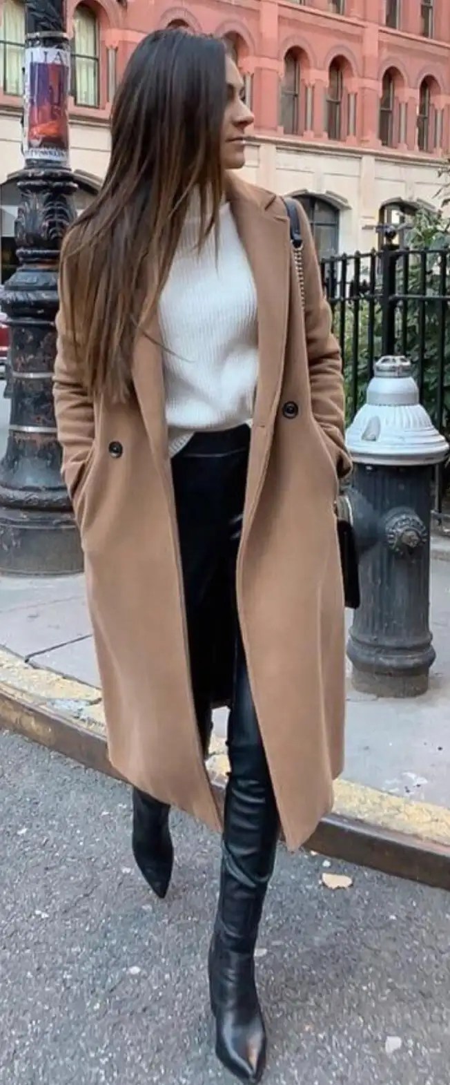Camel Wool Coat with Cable Knit and Faux Leather — Winter Coats for Women
