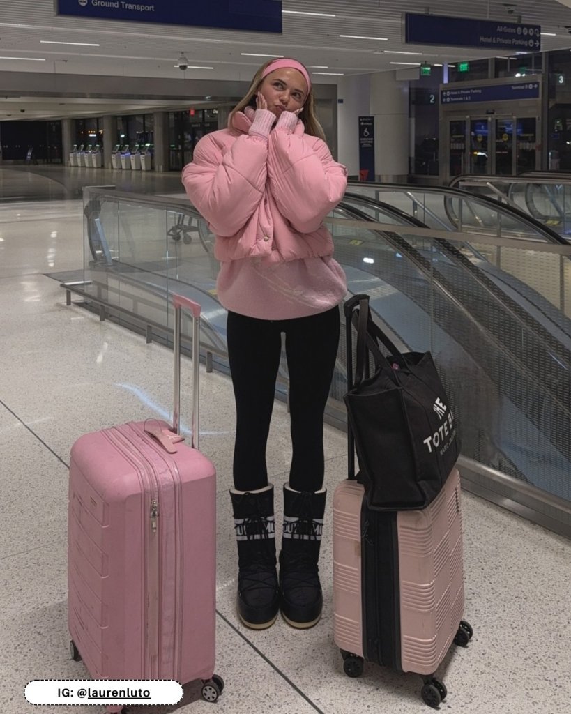 Pink Puffer Jacket Over Sweatshirt with Moon Boots for a Playful Winter Look Pink Puffer Jacket Over Sweatshirt with Moon Boots for a Playful Winter Look β Winter Airport Outfits