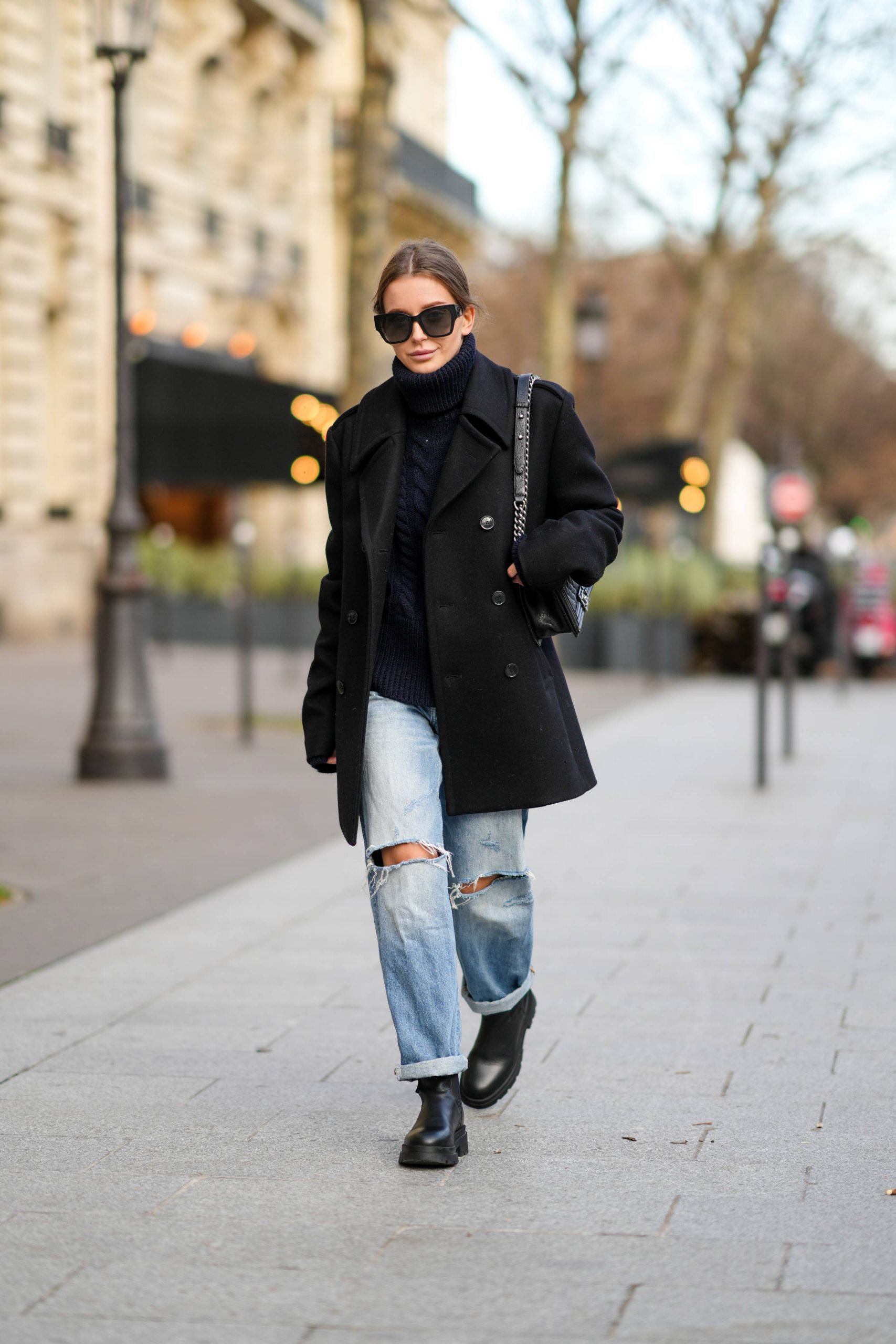 Peacoat and Cable Knit Sweater with Ripped Jeans Peacoat and Cable Knit Sweater with Ripped Jeans β Chelsea Boots Outfits
