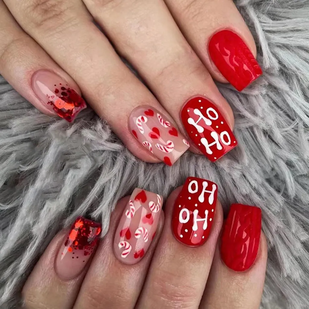 Playful Christmas Motifs on Red Nails — Red Christmas Nails 2026