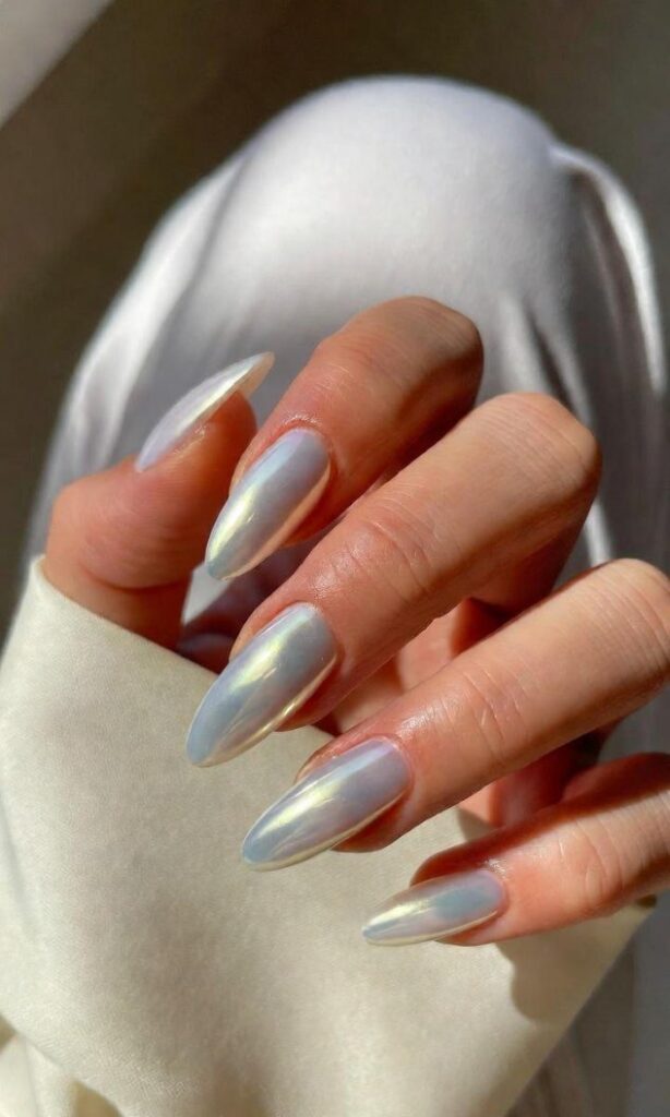 Long Almond Pearlescent Shimmer — Simple New Years Nails 2027