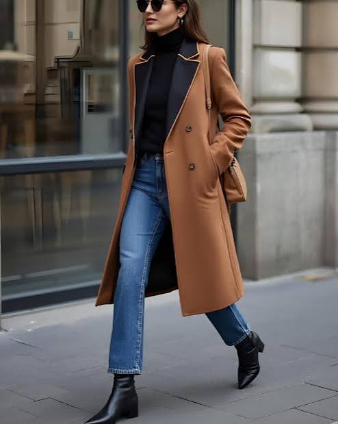 Contrast-Lapel Camel Coat With Black Turtleneck And Denim — Camel Coat Outfits