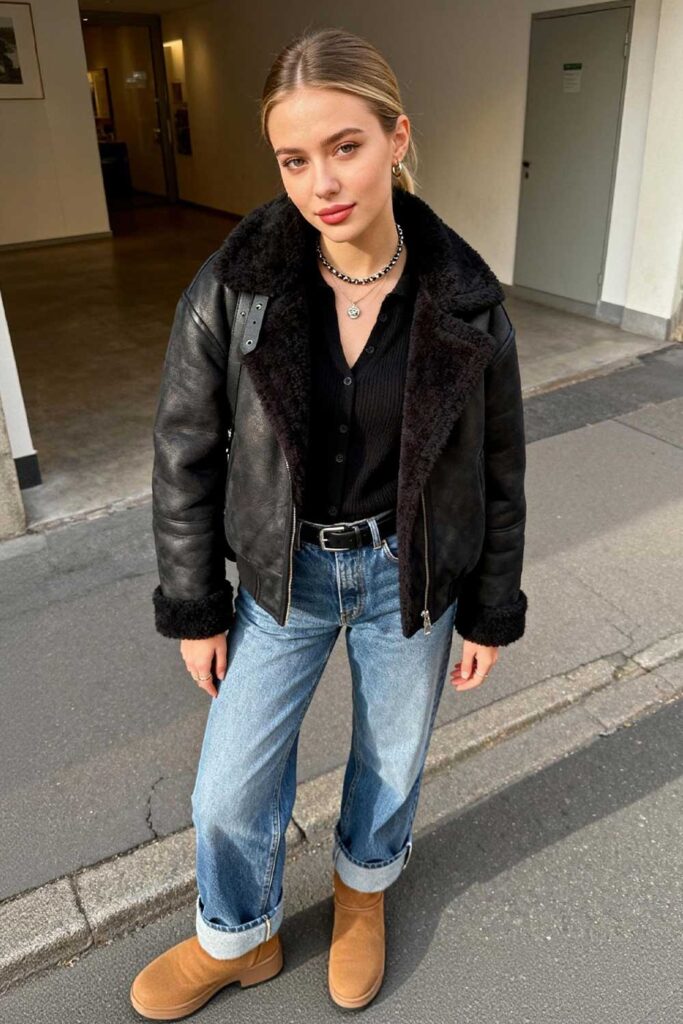 Light Wash Straight-Leg Jeans with Shearling-Lined Leather Jacket Light Wash Straight-Leg Jeans with Shearling-Lined Leather Jacket β Winter Outfits with Jeans
