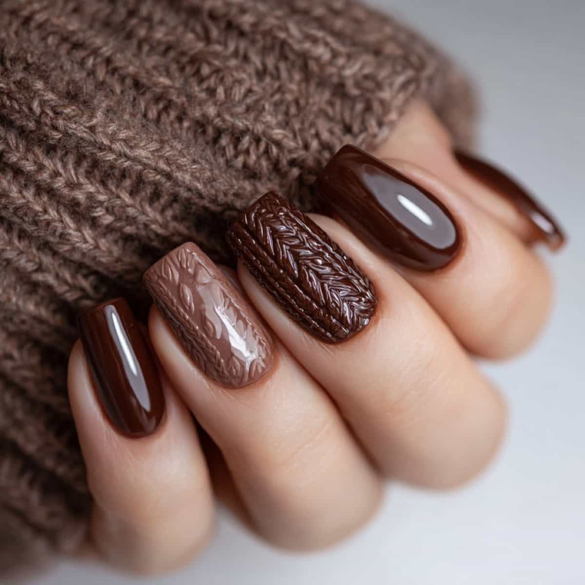 Textured Cable-Knit Chocolate Brown Textured Cable-Knit Chocolate Brown β Winter Nail Colors for Brown Skin