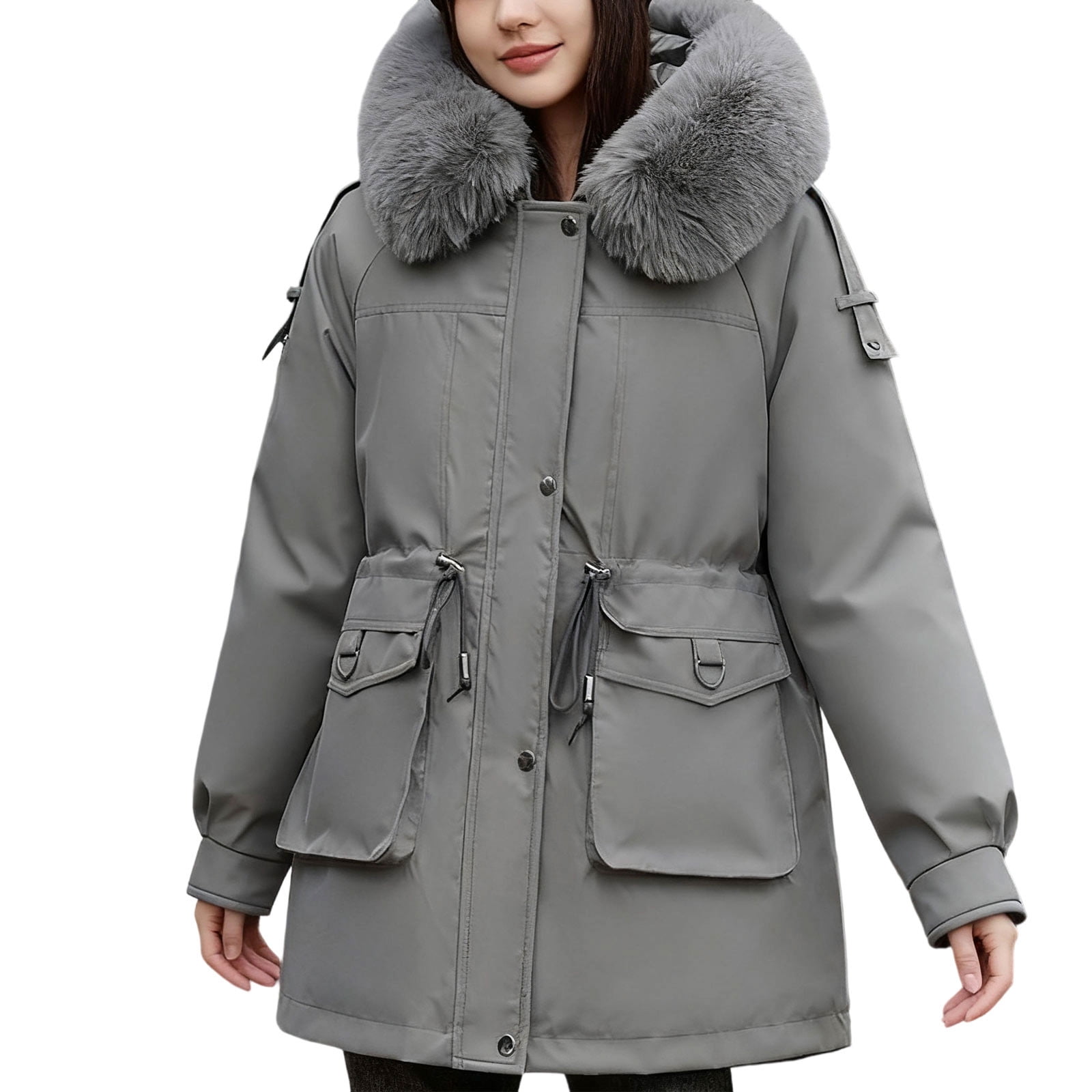Grey Mid-Length Parka with Drawstring Waist and Faux Fur Hood — Winter Jackets for Women