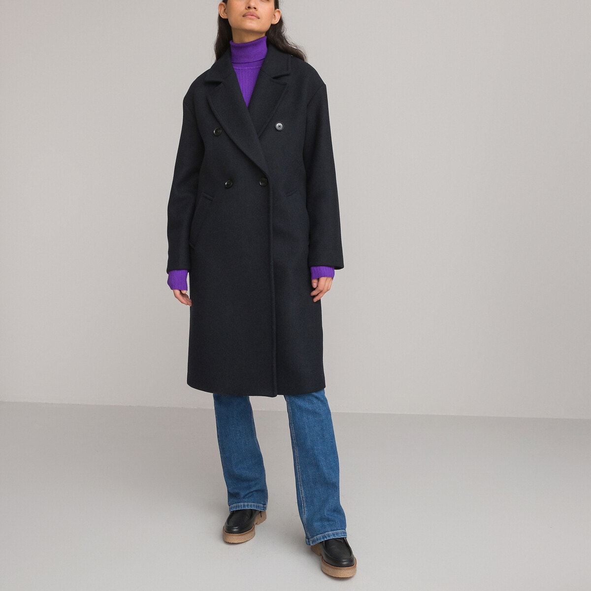 Navy Double-Breasted Coat with Vibrant Purple Turtleneck — Wool Coat Outfits
