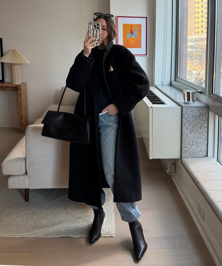 Oversized Black Wool Coat with Pointed-Toe Boots — Cold Weather Outfits