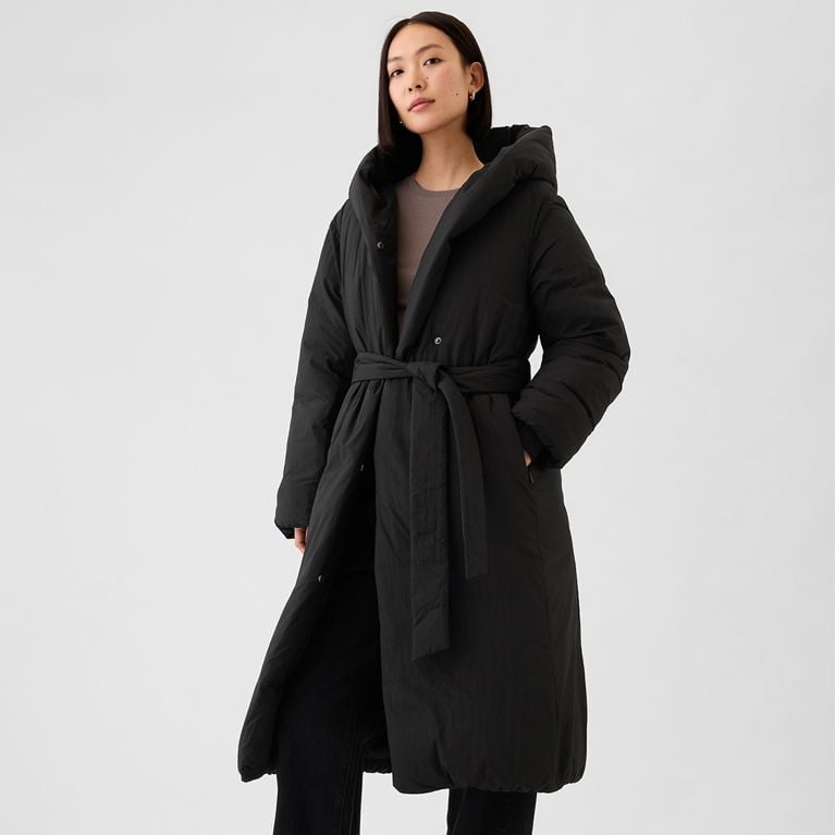 Casual Outdoor Long Black Hooded Puffer Coat with Belt — Winter Coats for Women