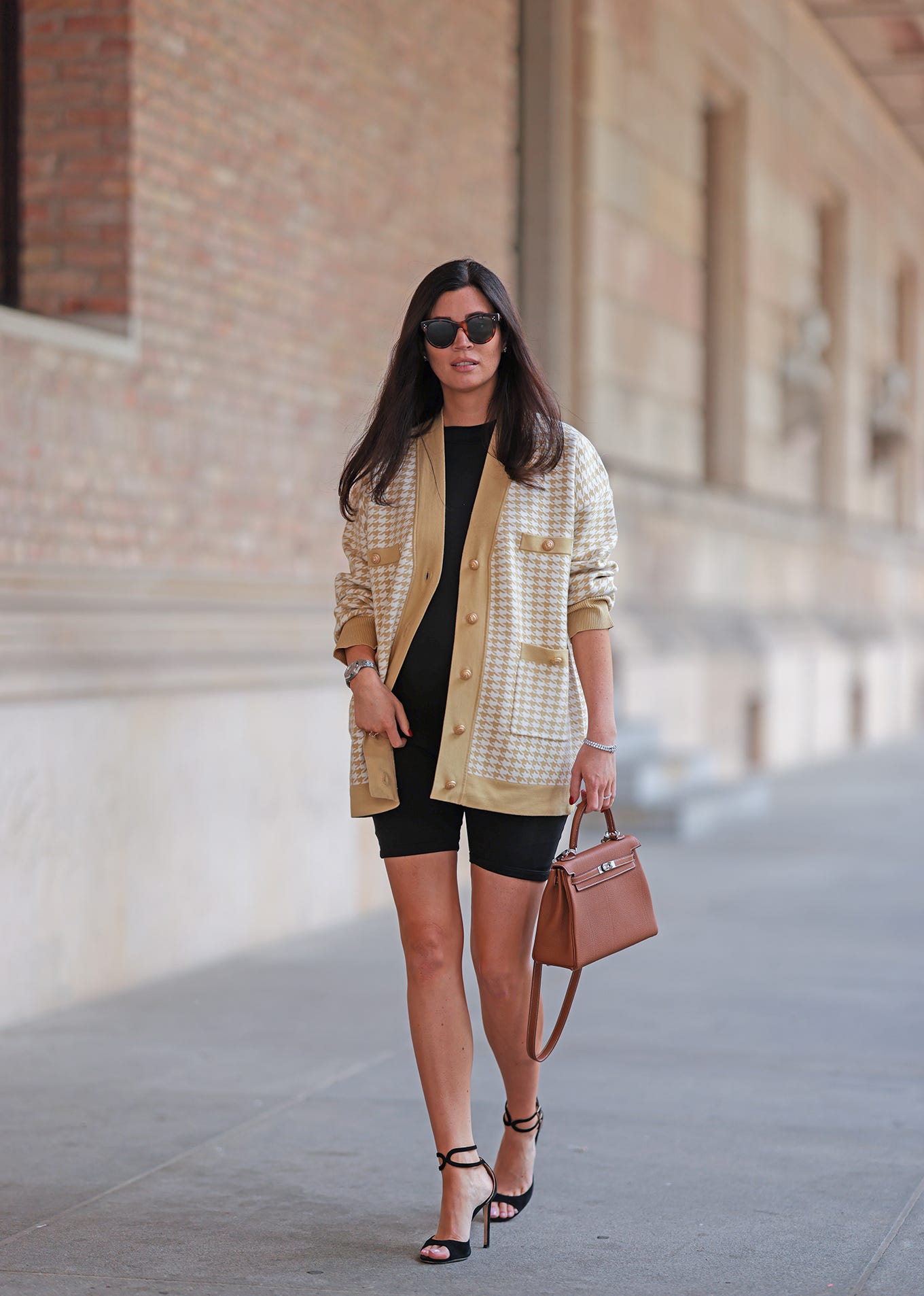 Houndstooth Cardigan with Black Shorts and Strappy Heels — Cardigan Outfits