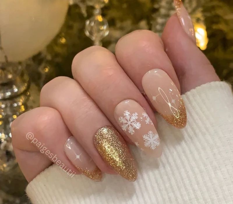 Gold Glitter Snowflake Almond Nails Gold Glitter Snowflake Almond Nails β Christmas Nails 2026