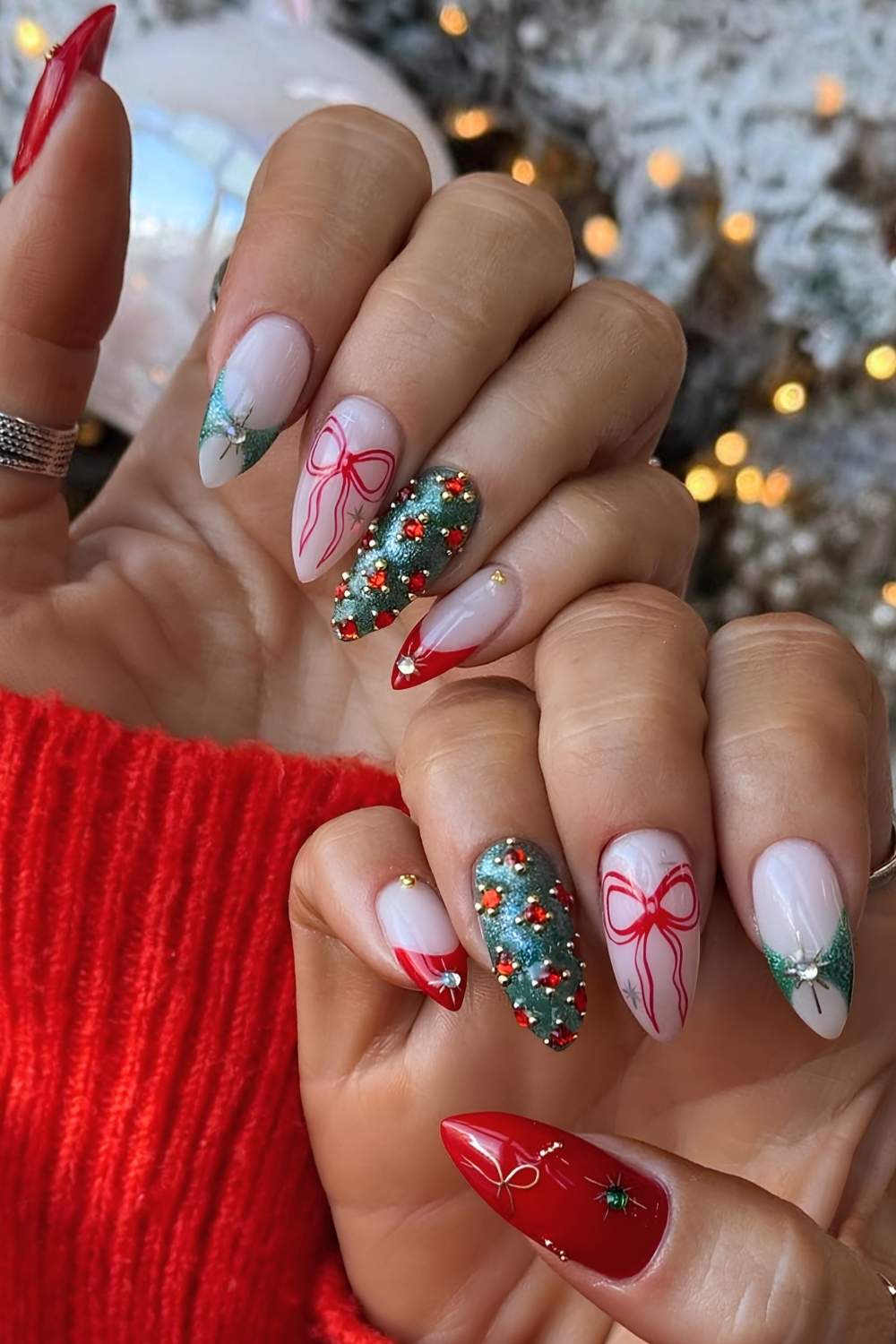 Sparkling Green Glitter and Red Bow Nails Sparkling Green Glitter and Red Bow Nails β Christmas Gel X Nails 2026