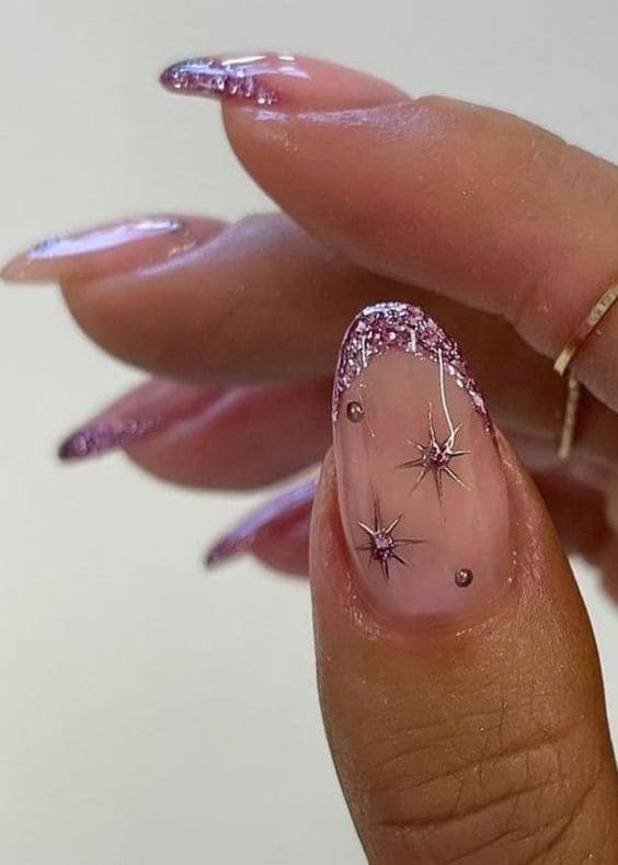 Pink Glitter OmbrΓ© Almonds with Stars Pink Glitter OmbrΓ© Almonds with Stars β Sparkly New Years Nails 2027