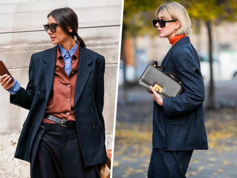 Navy Oversized Blazer with Satin Shirt and Grey Trousers Navy Oversized Blazer with Satin Shirt and Grey Trousers β Winter Work Outfits