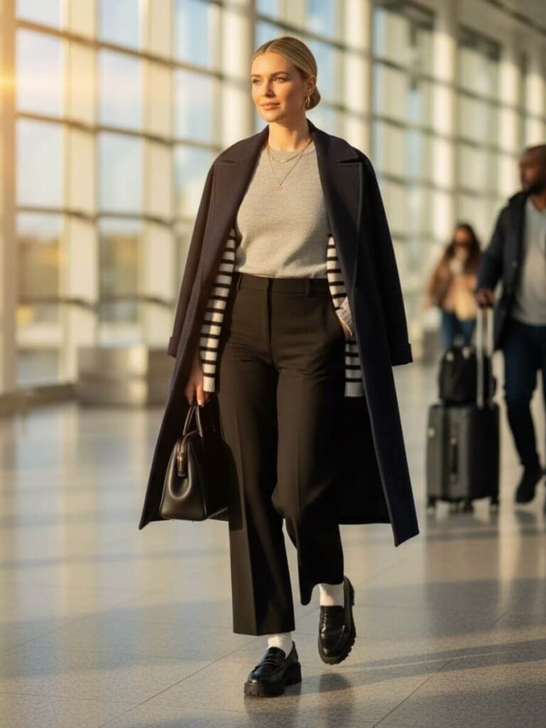 Navy Wool Coat with Striped Sweater and Loafers for a Polished Airport Ensemble Navy Wool Coat with Striped Sweater and Loafers for a Polished Airport Ensemble β Winter Airport Outfits