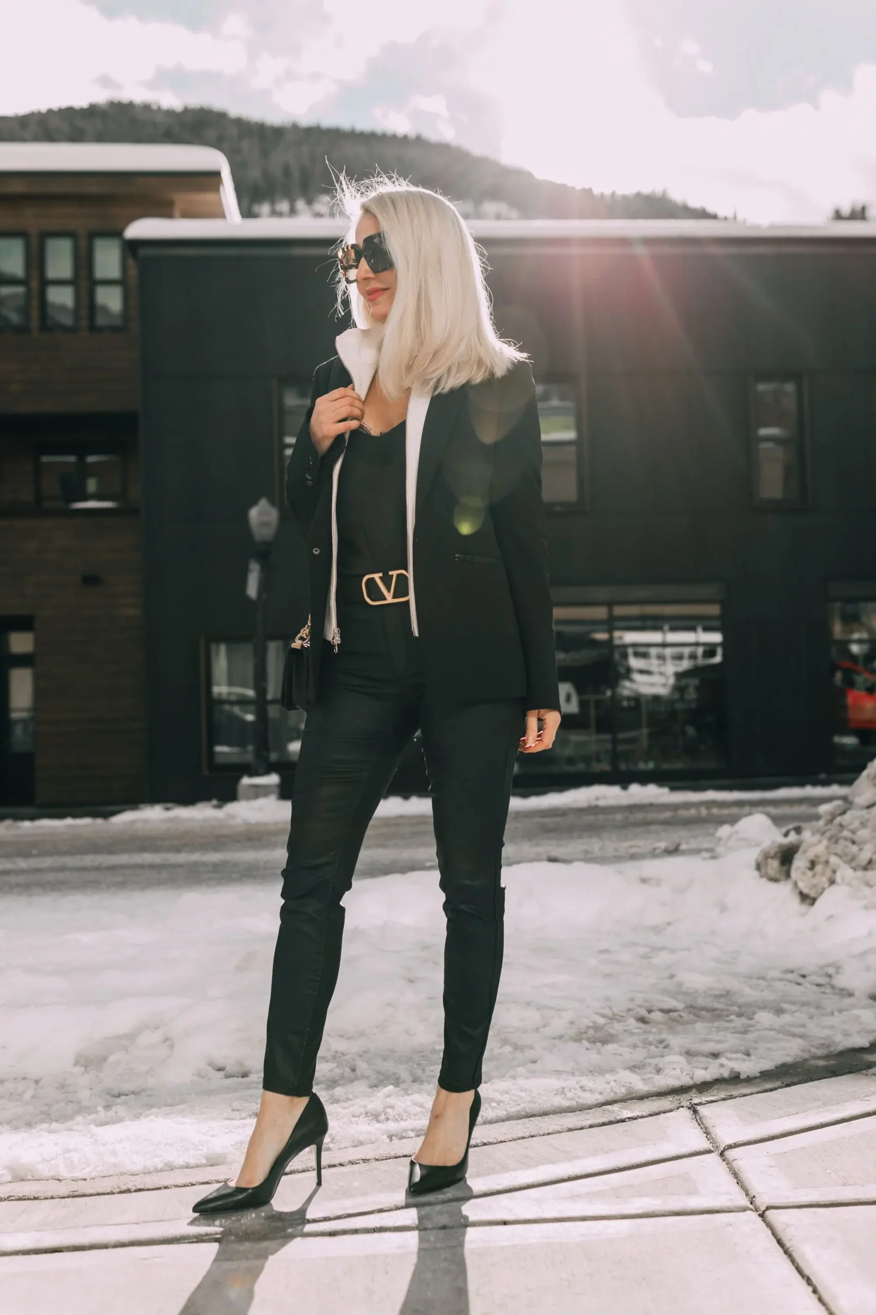 Classic Black Wool Coat with Leather Pants and Gold Accents Classic Black Wool Coat with Leather Pants and Gold Accents β Winter Date Night Outfits