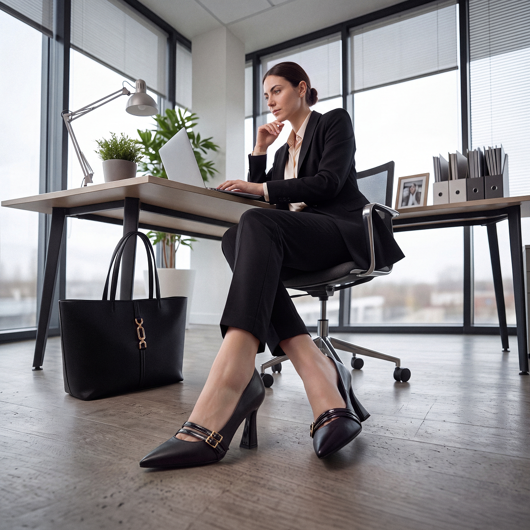 Black Tailored Suit with Cream Blouse and Buckled Heels Black Tailored Suit with Cream Blouse and Buckled Heels β Winter Work Outfits