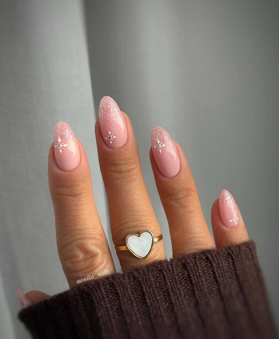Oval Soft Pink Snowflake Glitter Gradient — Simple New Years Nails 2027
