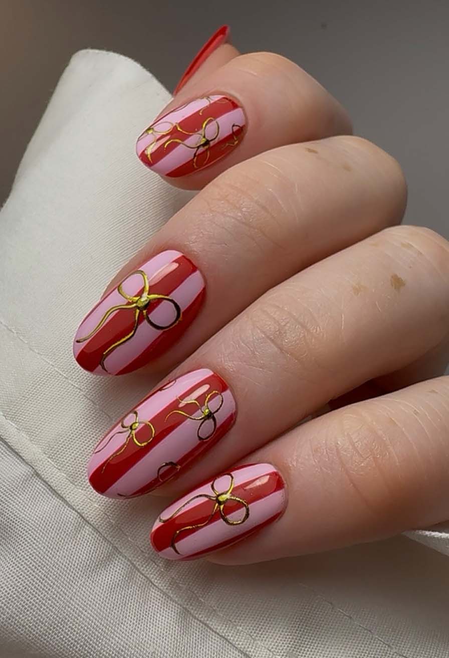 Striped Red Light Pink Gold Bows Striped Red Light Pink Gold Bows β Winter Bow Nails