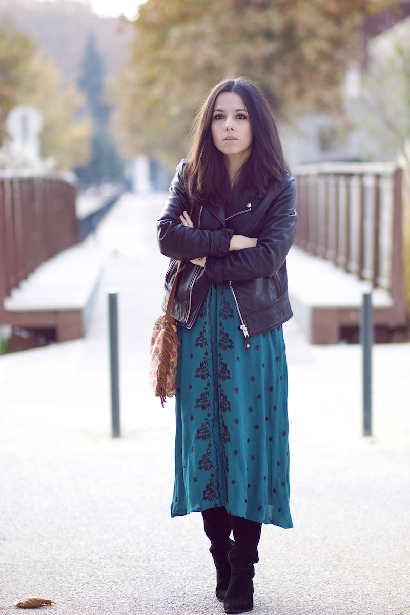 Teal Printed Midi Dress with Black Leather Biker Jacket — Boho Winter Outfits