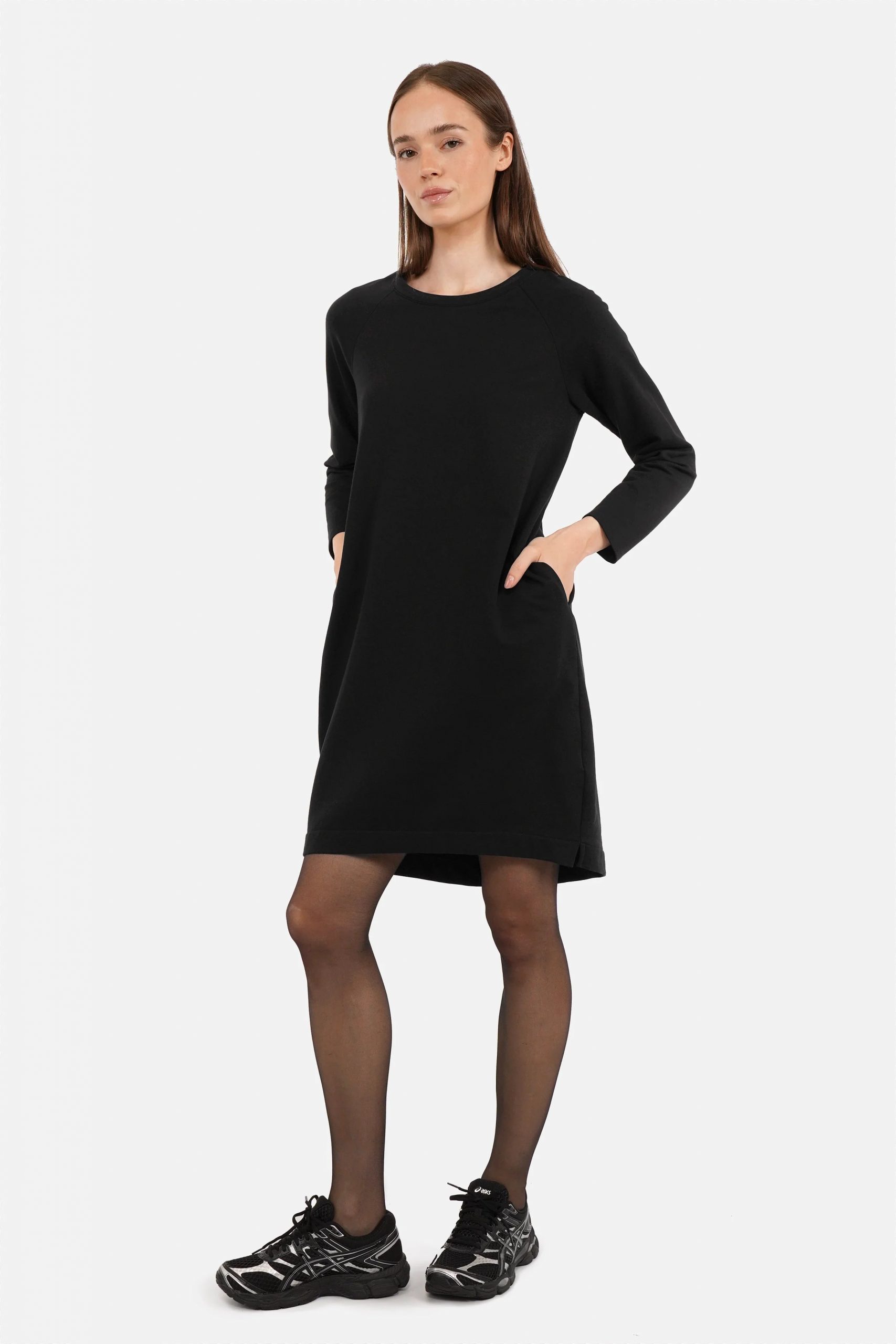 Black Shift Dress with Side Pockets and Sneakers — Sweater Dress Outfits