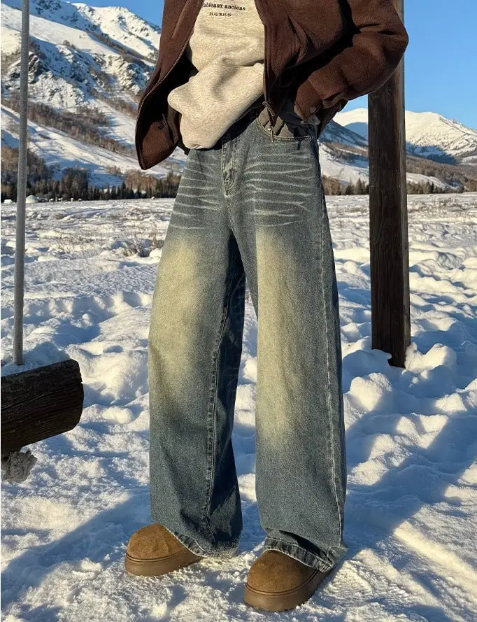 Urban Cool: Distressed Jeans with Grey Sweatshirt and Brown Jacket — Winter Outfits with Wide Leg Jeans