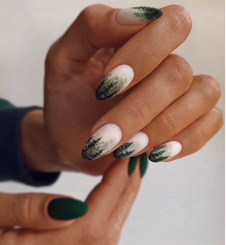 Winter Forest Landscape Matte Nails — Cozy Winter Nails