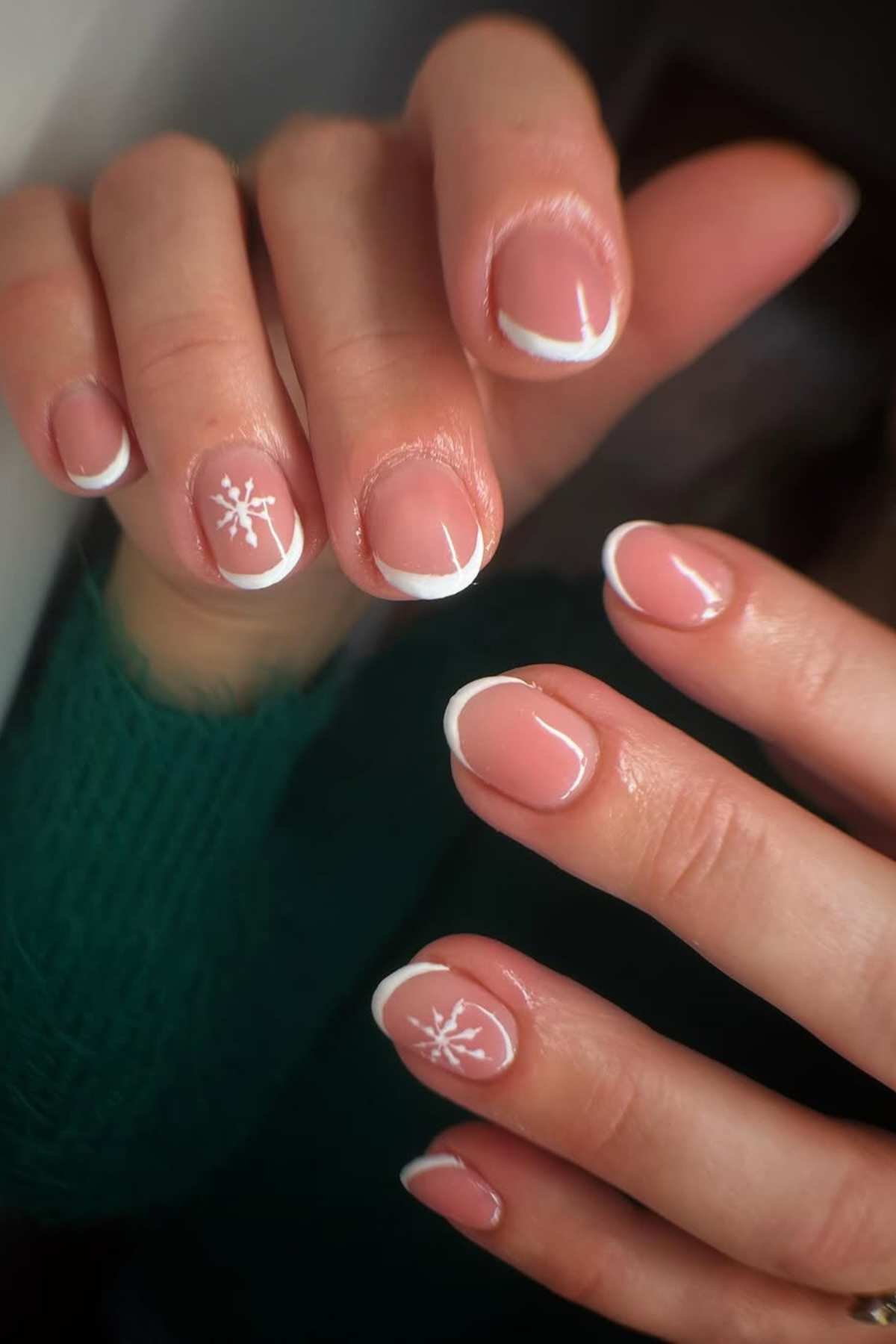 Classic French with Snowflake Accents Classic French with Snowflake Accents β Classy Short Winter Nails