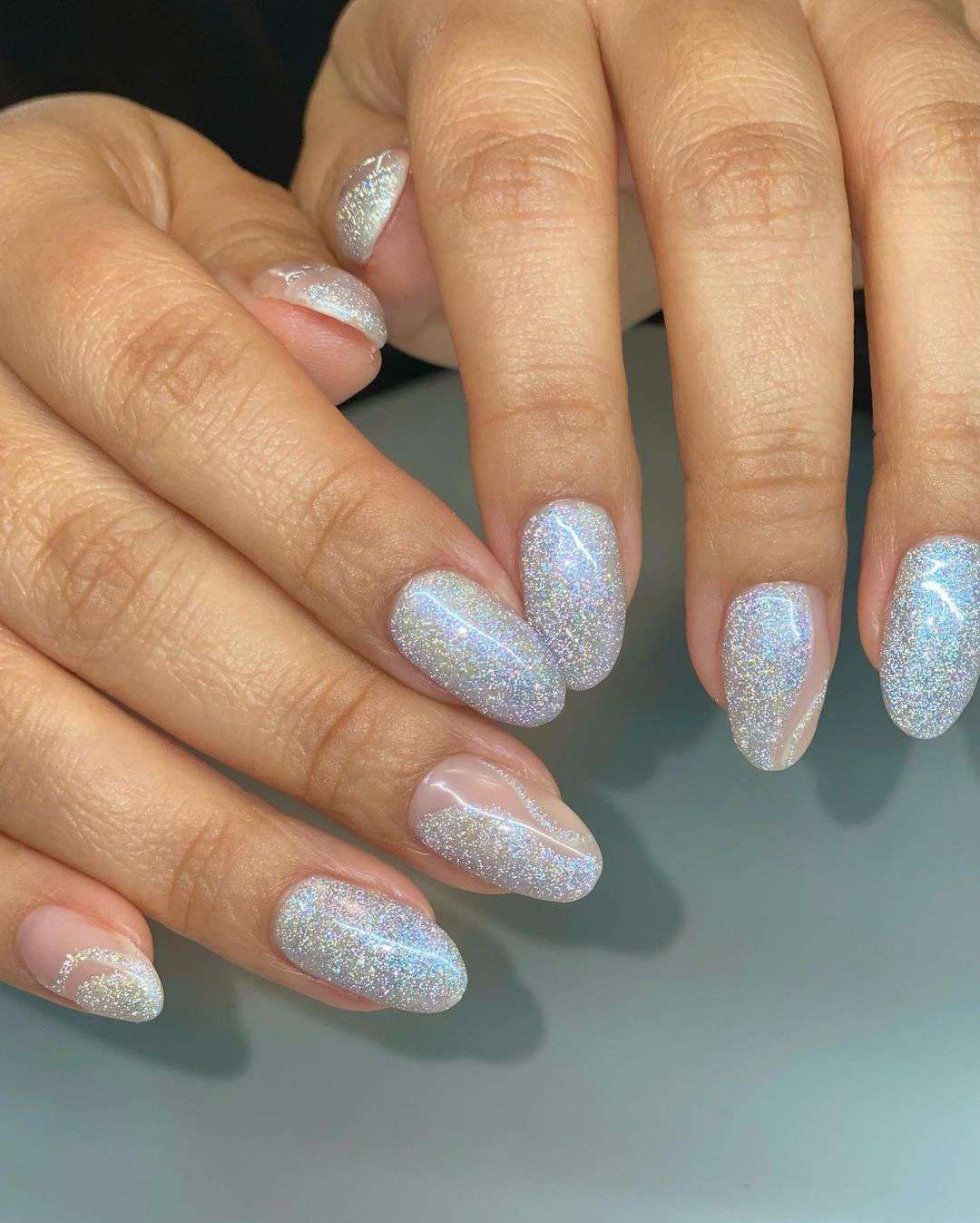 Sheer Pink with Full Silver Glitter Accents — Winter Glitter Nails