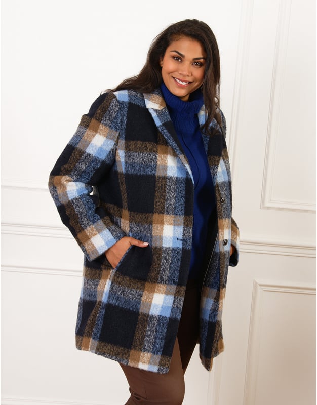Plaid Wool Coat with Blue Turtleneck and Loafers — Wool Coat Outfits