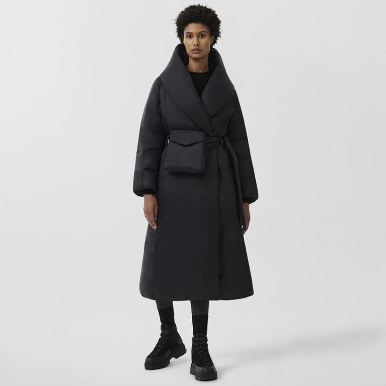 Long Black Puffer Coat with Oversized Collar and Belt — Winter Coats for Women
