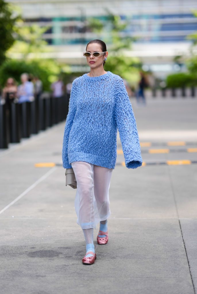 Textured Blue Sweater and Sheer Pants: Fashion-Forward Daytime Textured Blue Sweater and Sheer Pants: Fashion-Forward Daytime β Oversized Sweater Outfits
