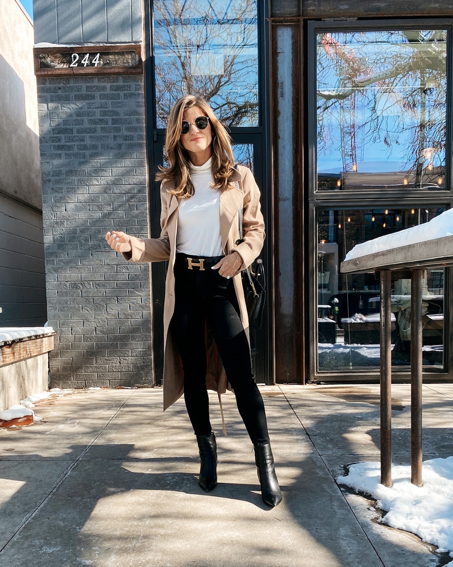 Trench Coat with White Turtleneck and 'H' Belt — Winter Going Out Outfits