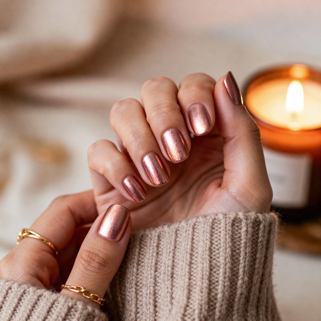 Shimmering Rose Gold Metallic Square Nails — Cozy Winter Nails