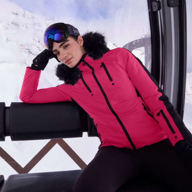 Bright Pink Ski Jacket and Black Pants Combination Bright Pink Ski Jacket and Black Pants Combination — Ski Outfits