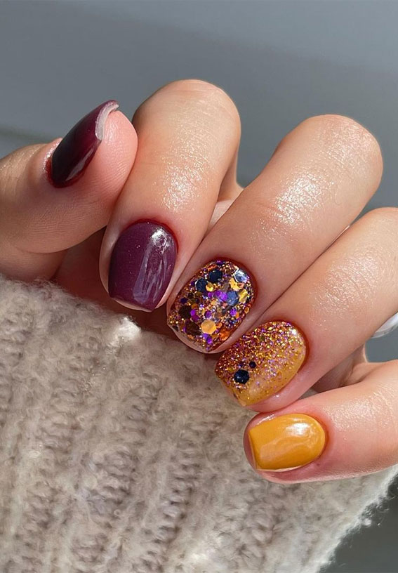 Plum Mustard Yellow Glitter Accent Short Square — Winter Nail Colors for Short Nails