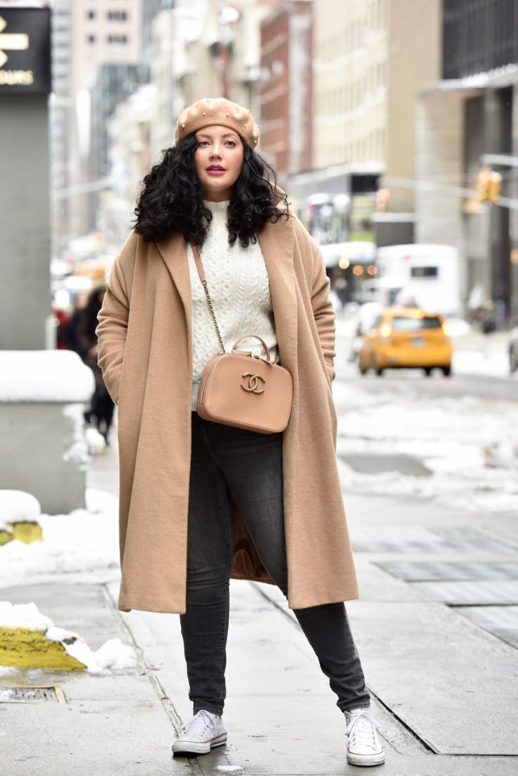 Sophisticated Casual: Camel Coat and Cable Knit — Snow Day Outfits