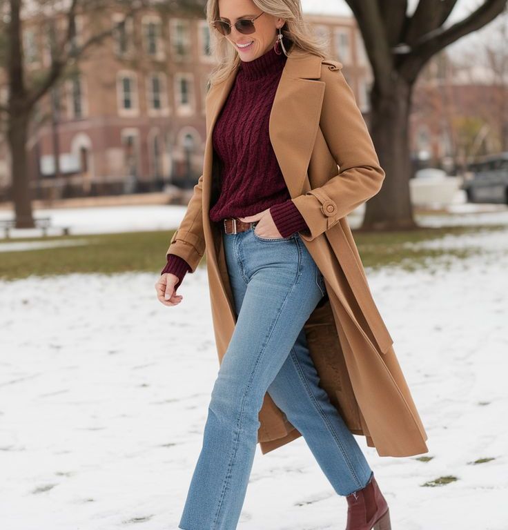Blue Straight-Leg Jeans with Burgundy Turtleneck and Camel Wool Coat Blue Straight-Leg Jeans with Burgundy Turtleneck and Camel Wool Coat β Winter Outfits with Jeans