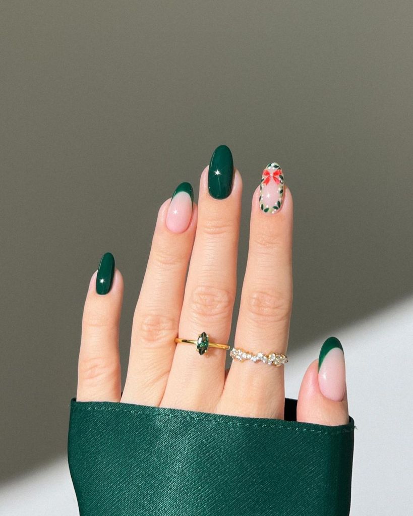 Emerald Green and Pink French Wreath Nails — Winter Wedding Guest Nails