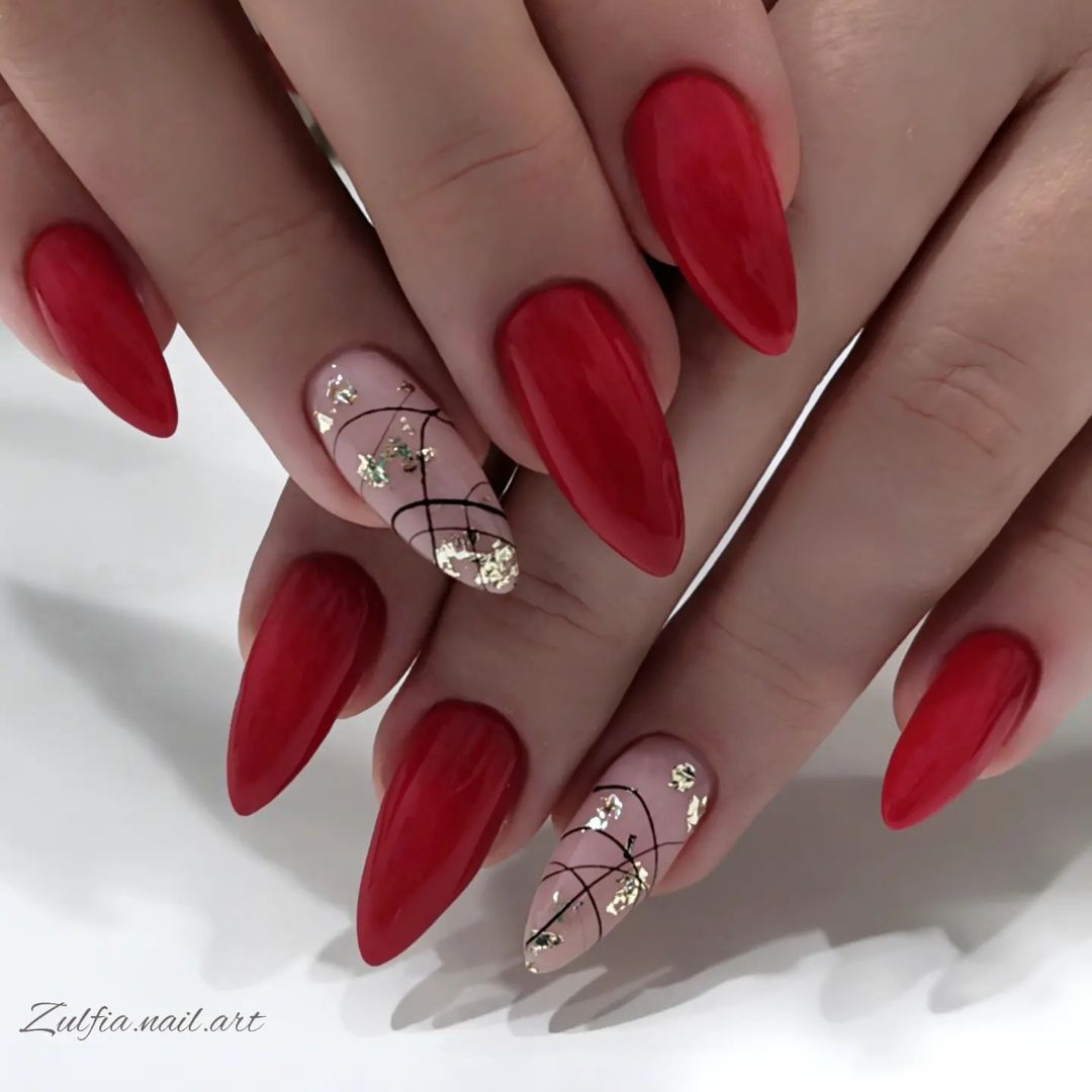 Red with Black and Gold Abstract Art — Winter Red Nails